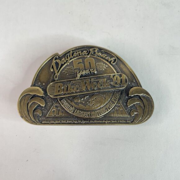 Vintage Daytona Bike Week 1991 Belt Buckle, 50th Anniversary, Brass Sands Biker